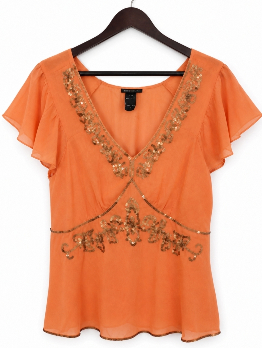 Lane Bryant Orange Sequined Sheer Blouse Flutter Sleeve Boho Top Sz 14/16